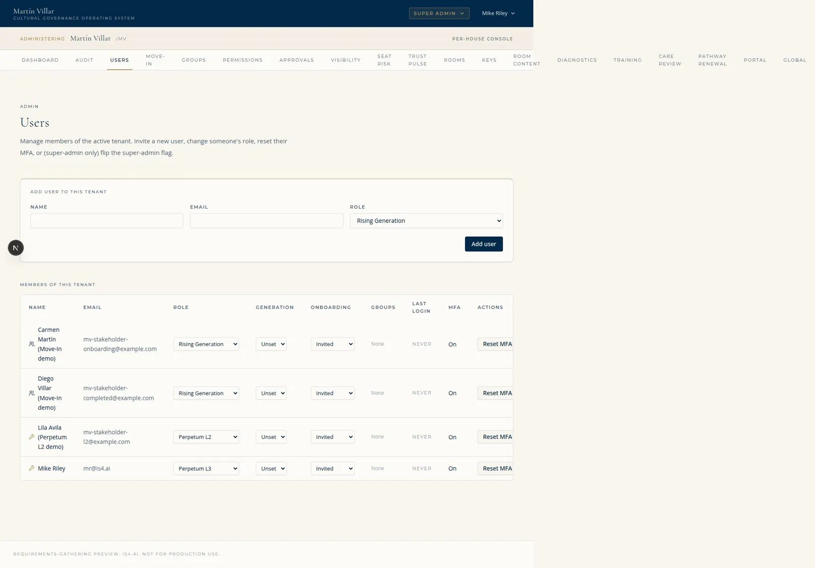 Provision and invite users (/admin/users): role and MFA management for the family