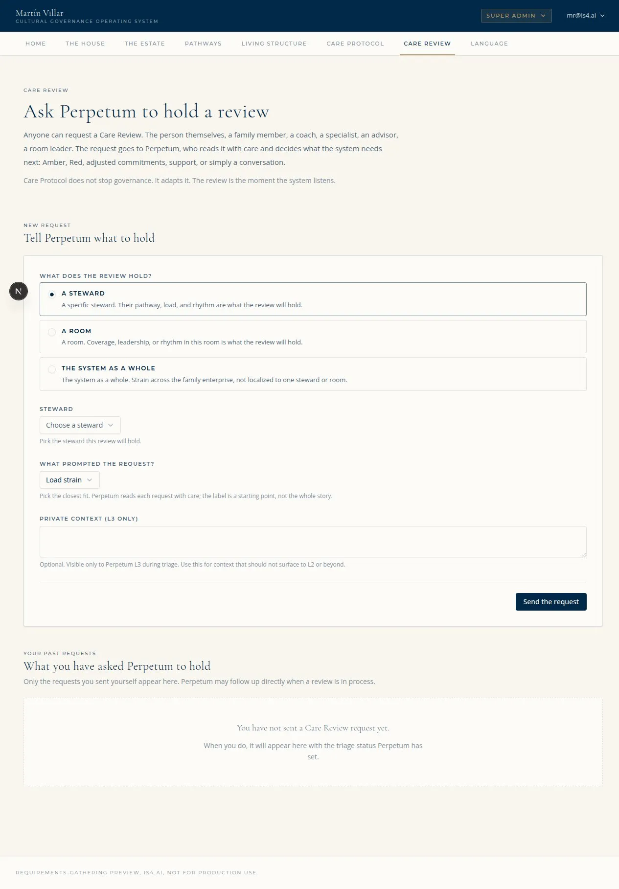 The Care Review form: trigger source, requested move, reason, and Final Status