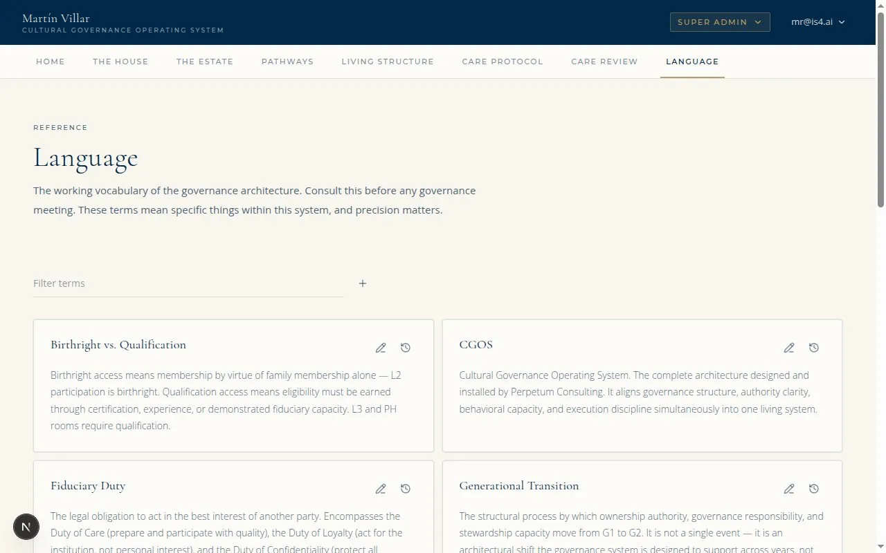 The Reference / Language page: the alphabetized Glossary the family reads